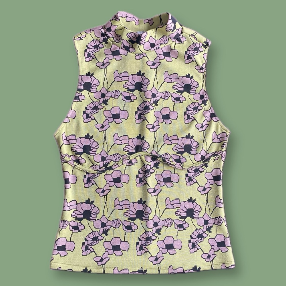 Zara Green and Pink Floral Sleeveless Turtleneck Top